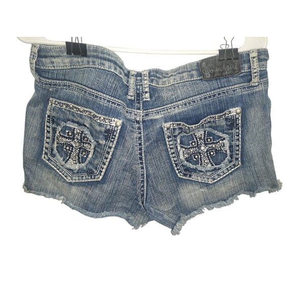 Y2K Sound Girl Distressed Embroidered Raw Hem BoHo Edgy Blue Jean Shorts 13 - Picture 1 of 8
